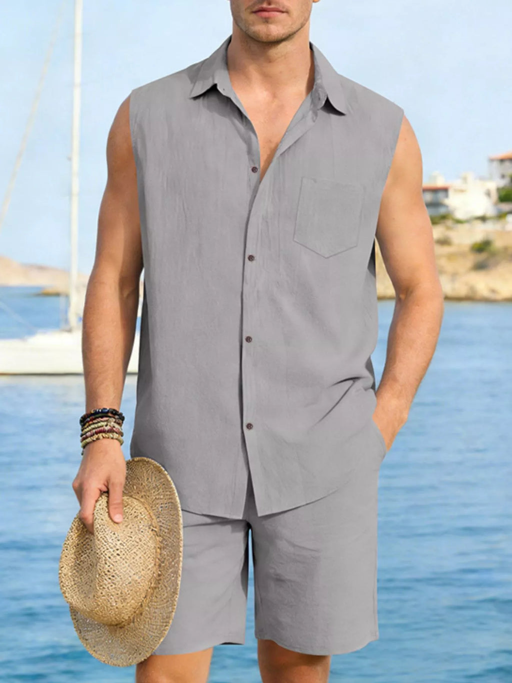 Trendsi RIGOR men's casual short sleeve polo and matching shorts set, lightweight fabric, in neutral color, front view.