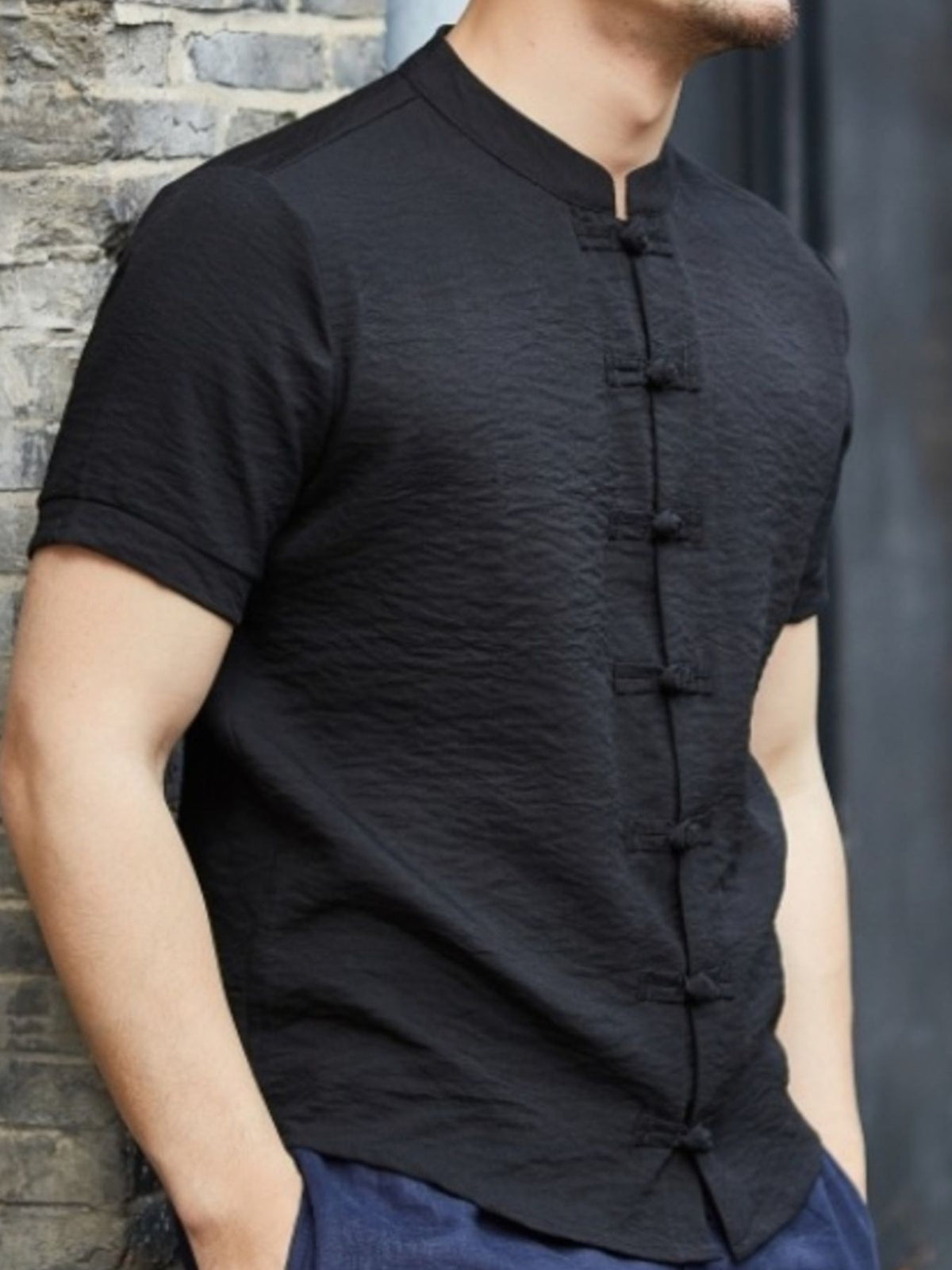 Men's full-size Chinese style short sleeve shirt by Trendsi, featuring traditional design and lightweight fabric.