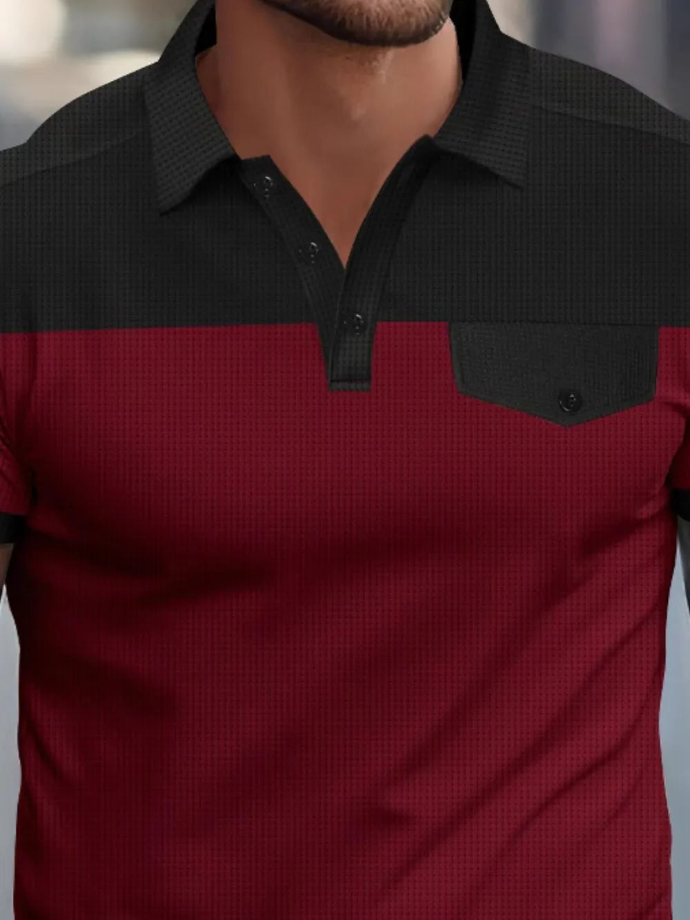 Men's plus size waffle-knit polo shirt with contrast collar by Trendsi, featuring a full-size fit and stylish design.