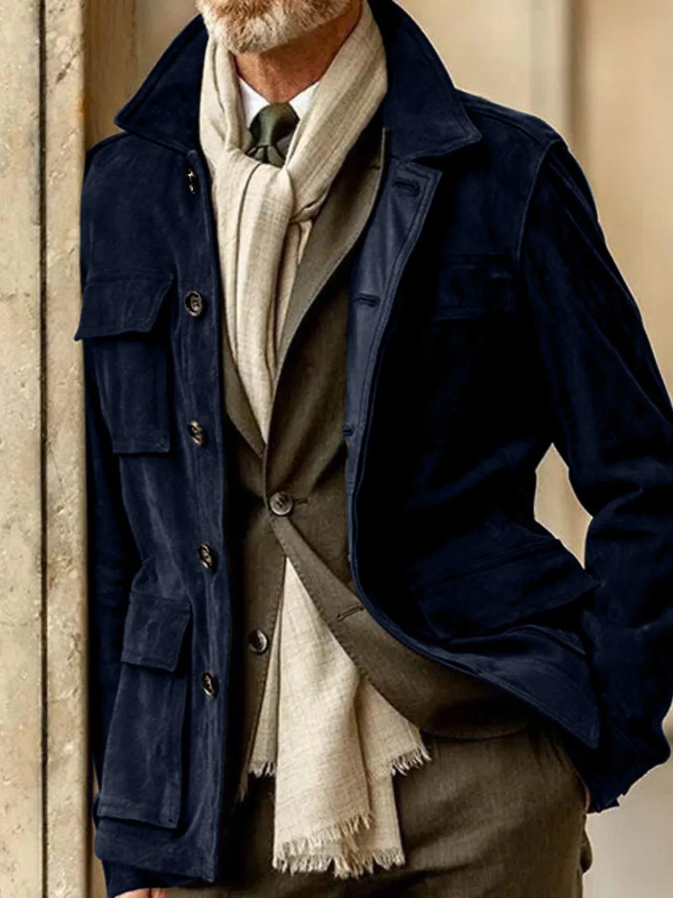 Men's full-size button-up long sleeve jacket by Trendsi, shown in a stylish coat design with a classic collar and button front.