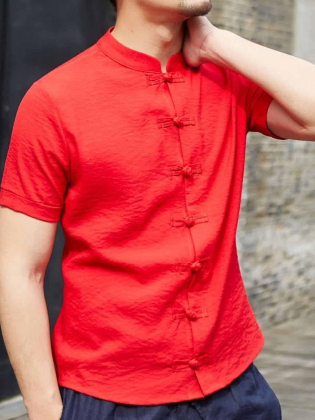 Nobilityze men's Chinese style short sleeve shirt with traditional design, in full size, featuring a classic collar and button front.