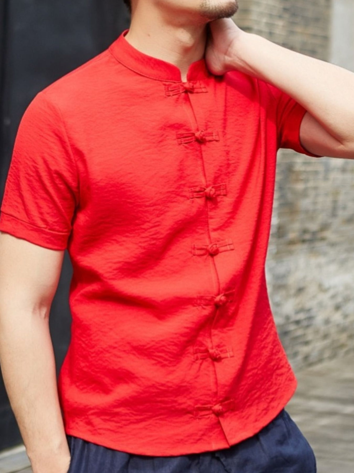 Nobilityze men's Chinese style short sleeve shirt with traditional design, in full size, featuring a classic collar and button front.