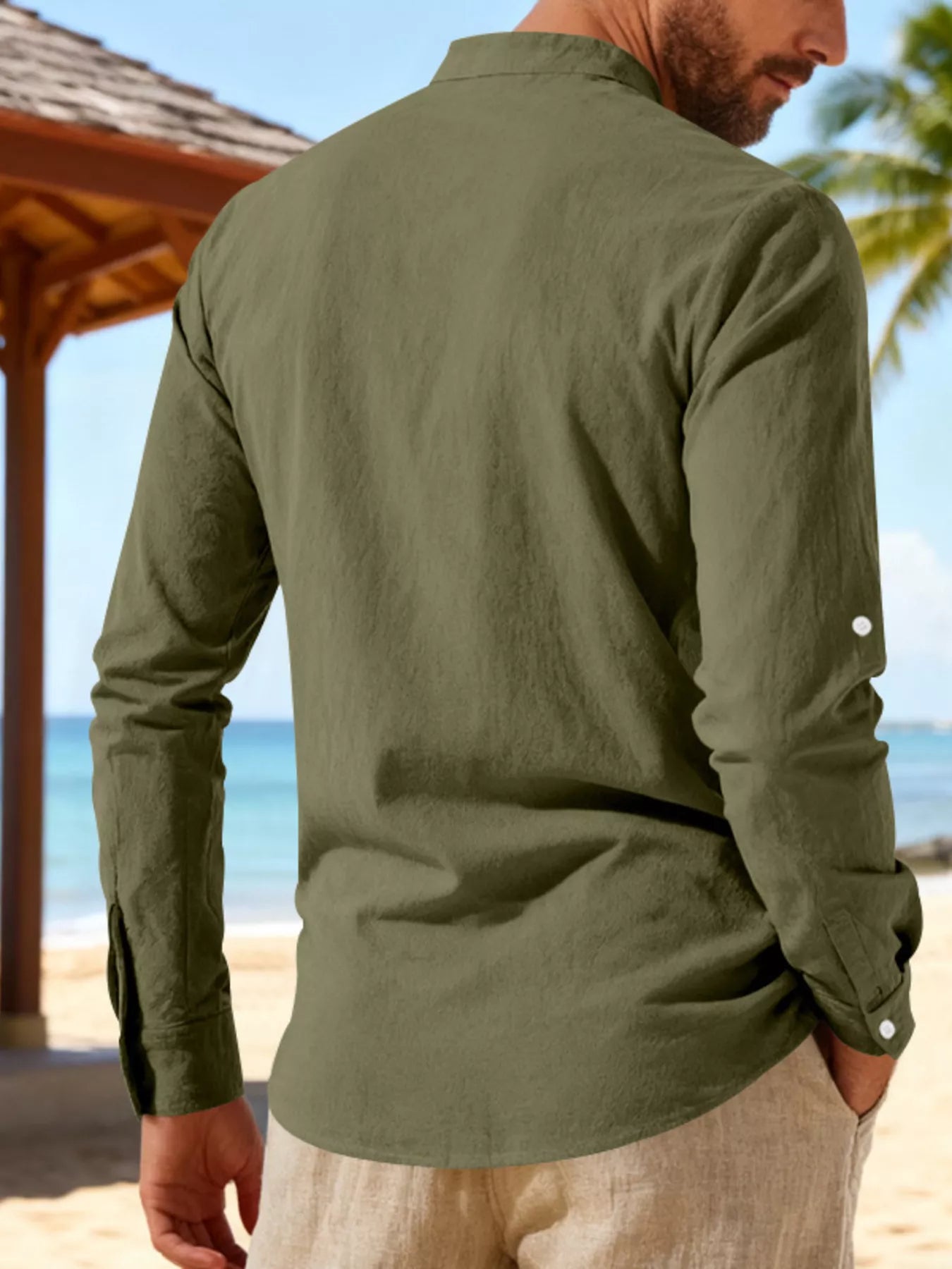 Men's casual linen shirt by Trendsi featuring full size, lace-up front, lightweight fabric, and relaxed fit for everyday wear.