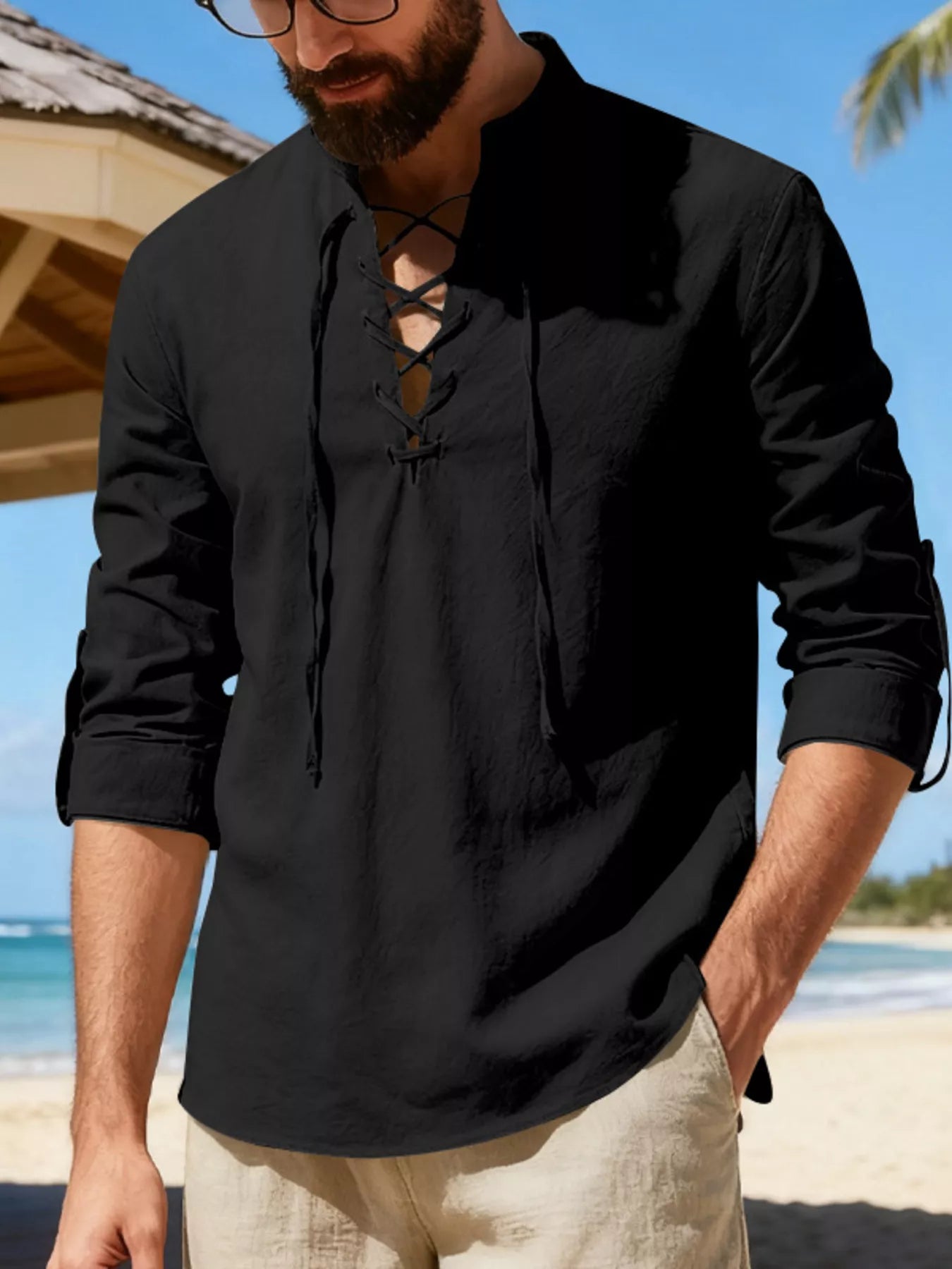 RIGOR men's full-size casual linen shirt with lace-up front, lightweight and breathable fabric, displayed on a hanger.