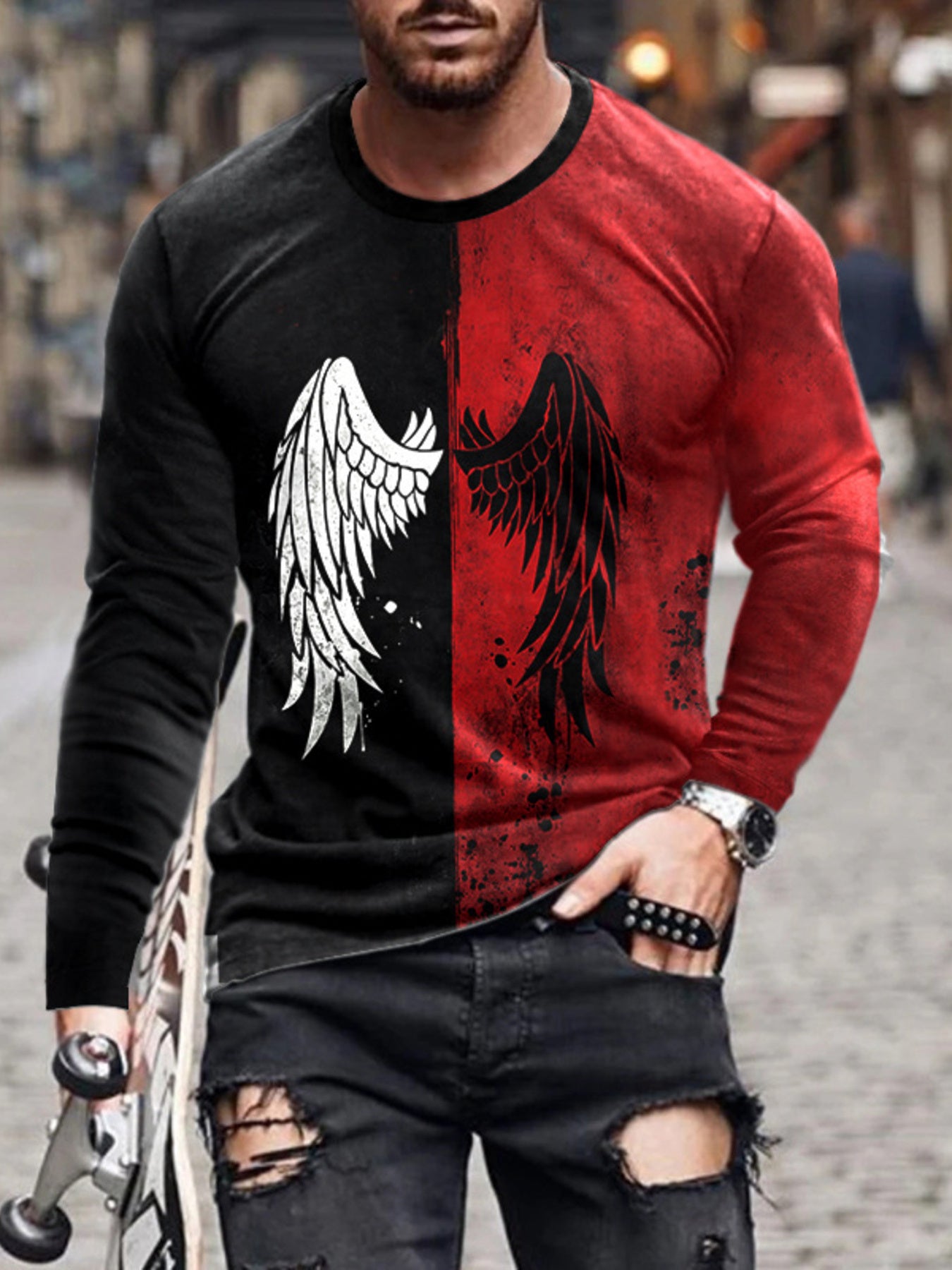 Men's full-size split-color wing graphic long-sleeve shirt by Trendsi featuring bold wing design and vibrant color blocks.