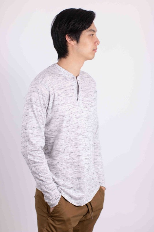 Generation XYZ long sleeve Henley T-shirt with buttons, casual shirt design, in a neutral color, displayed flat.