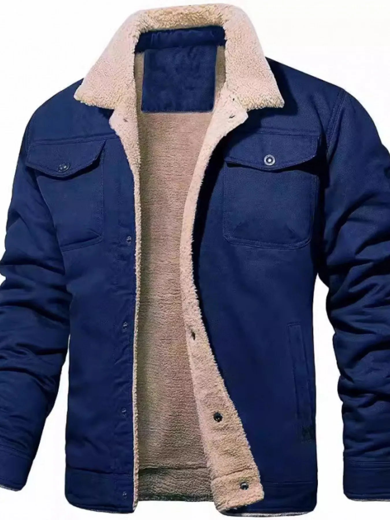 Plus size men's Sherpa lined long sleeve jacket, warm outdoor outerwear by Trendsi with soft sherpa interior.