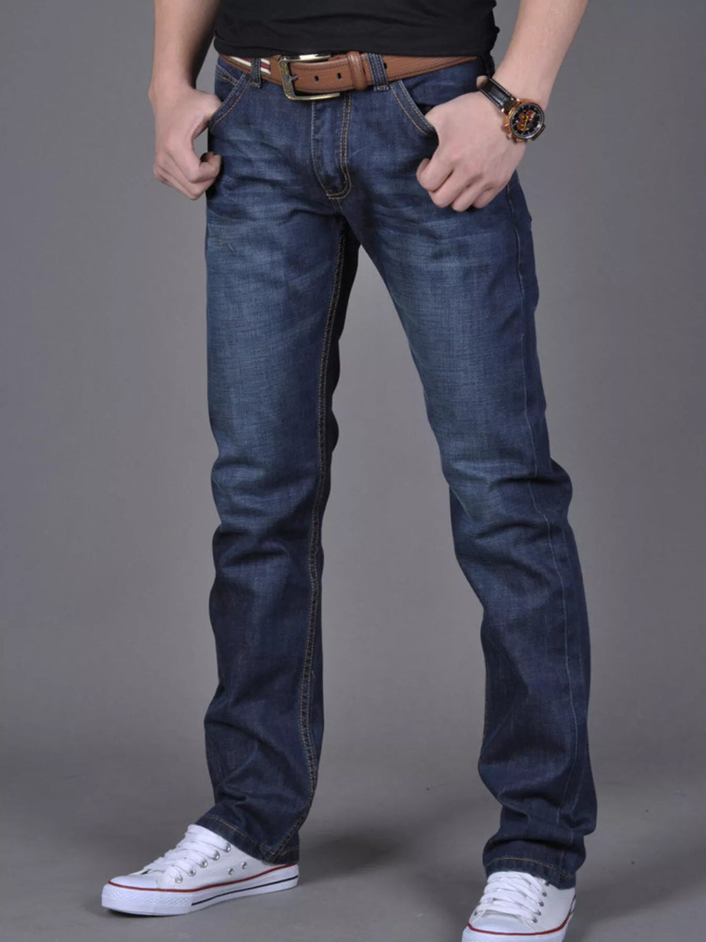 Nobilityze Men's slim fit jeans from Trendsi, showing dark wash denim pants with classic five-pocket design and modern fit.
