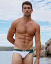 CityBOYZ USA 2Eros color blocked swim briefs with bold patterns, fitting snugly and designed for comfort in premium men's swimwear.