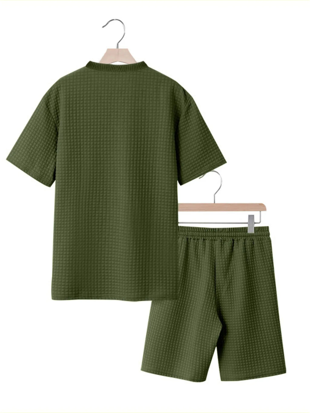 Trendsi DapperMate men's casual short sleeve polo shirt and matching shorts set, front view, lightweight fabric, neutral color.