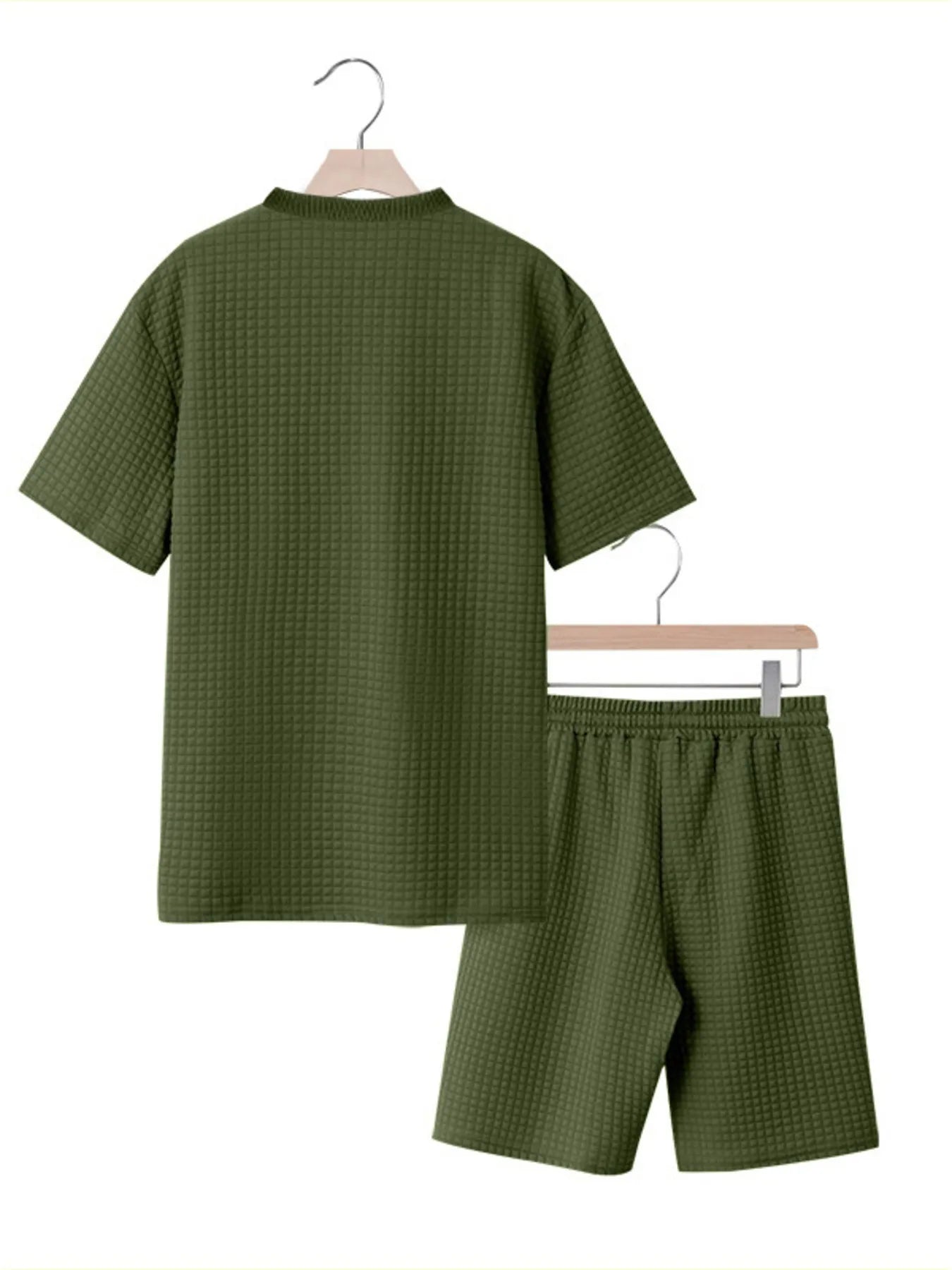 Trendsi DapperMate men's casual short sleeve polo shirt and matching shorts set, front view, lightweight fabric, neutral color.