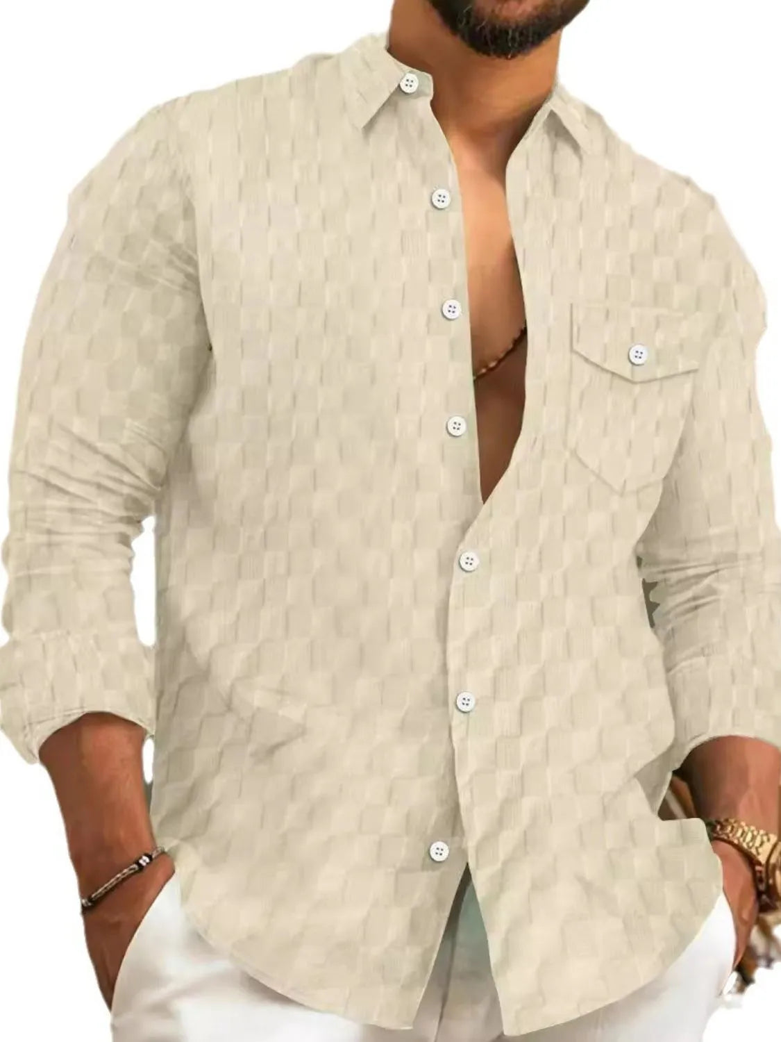 Men's full-size button-up long sleeve shirt by Trendsi, featuring a classic design and tailored fit, perfect for casual or formal wear.