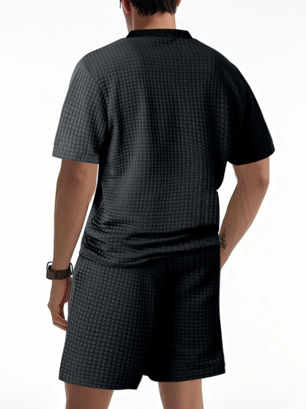 Men's casual shorts from DapperMate by Trendsi, shown with a matching short sleeve polo in a comfortable, stylish design.
