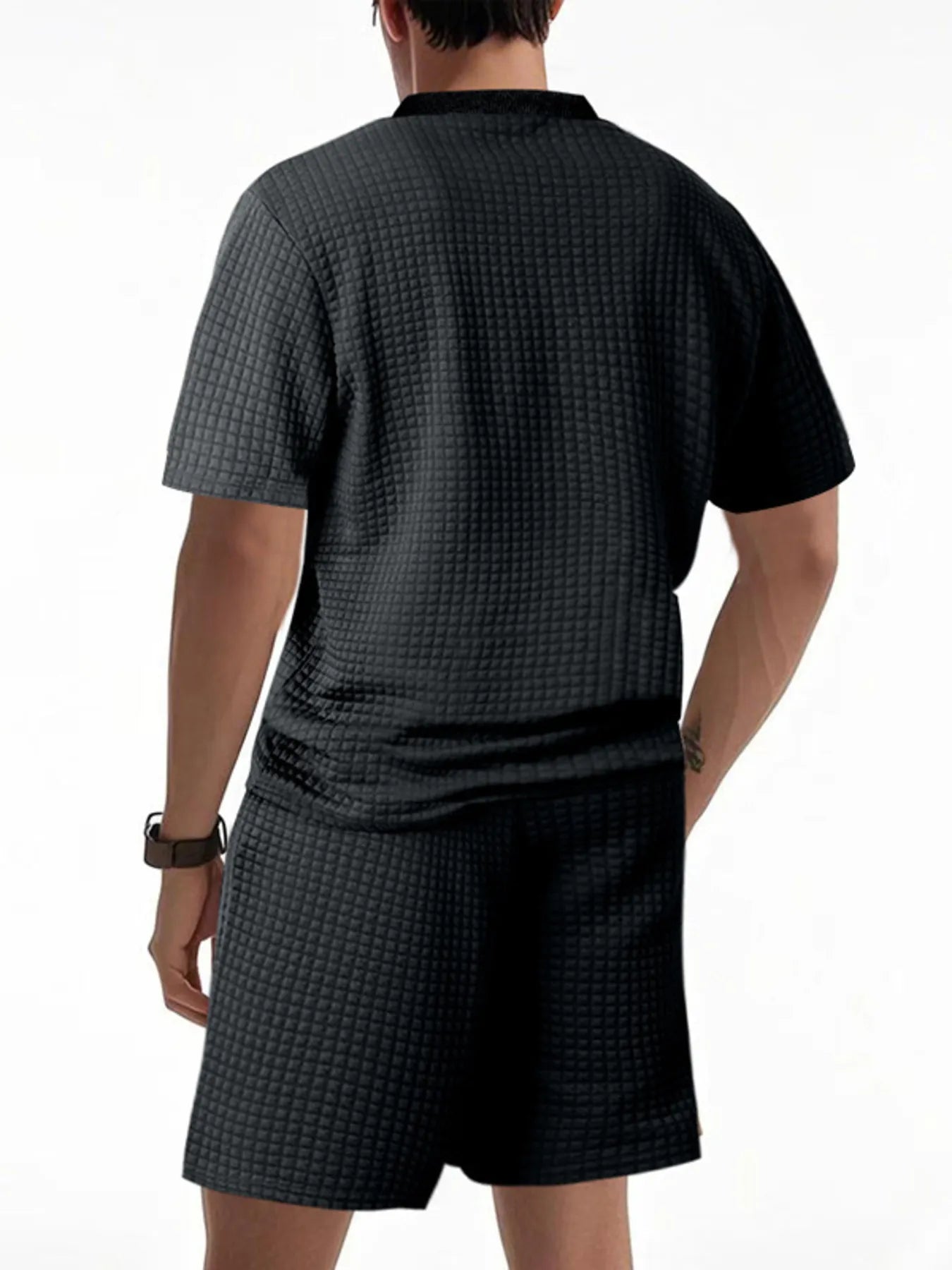 Men's casual shorts from DapperMate by Trendsi, shown with a matching short sleeve polo in a comfortable, stylish design.