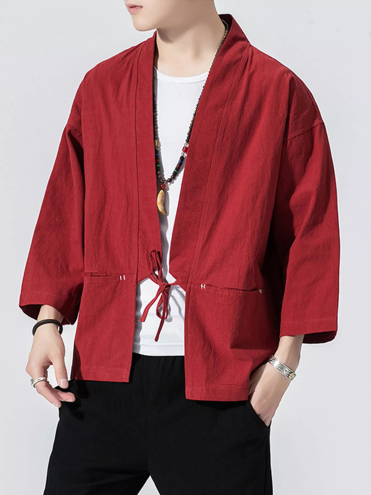 Nobilityze men's full-size tie-front 3/4 sleeve cardigan with button details, casual and stylish for everyday wear.