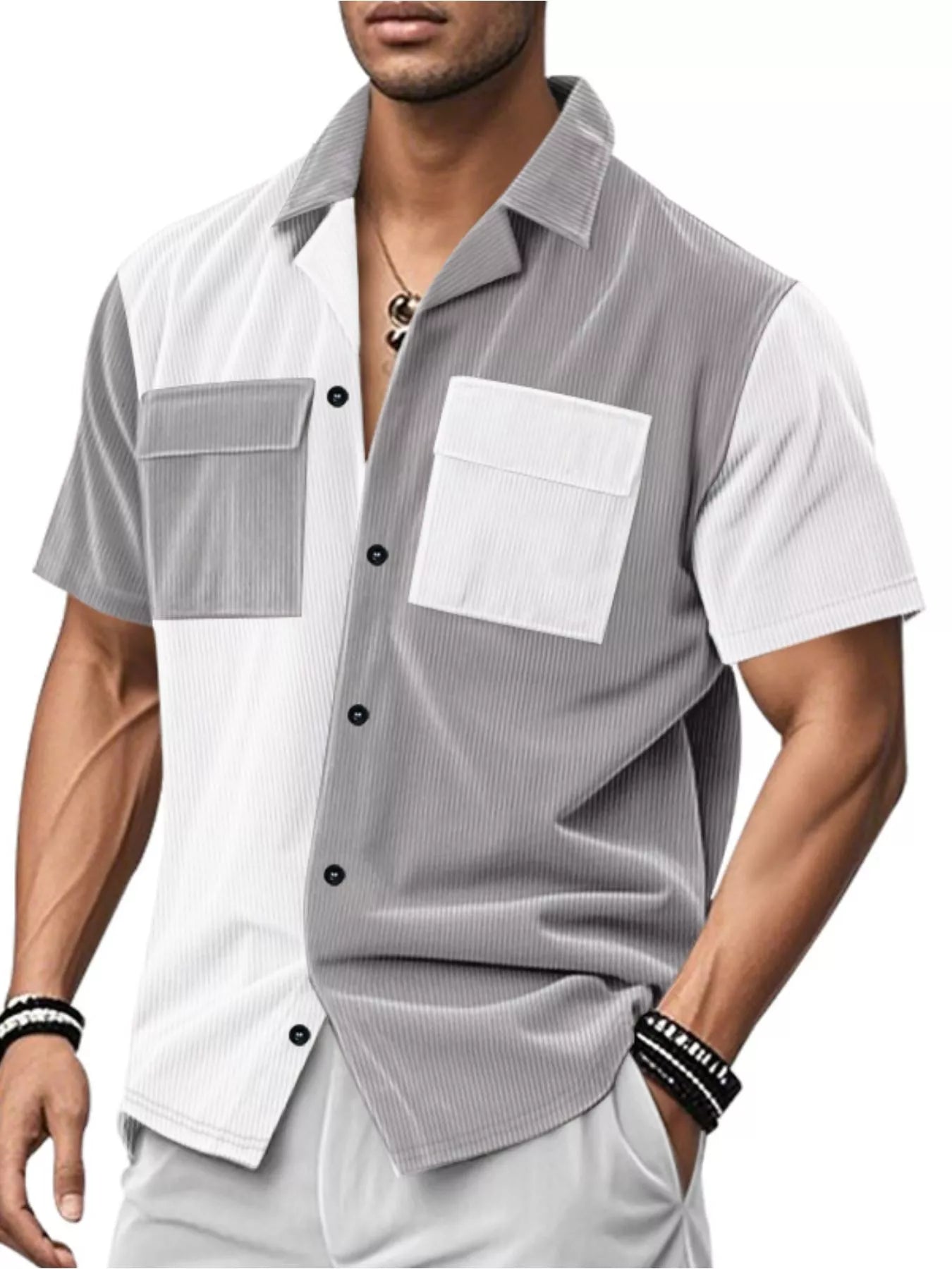 Color block corduroy men's short sleeve shirt by Trendsi, featuring a stylish full-size fit and vibrant color design.