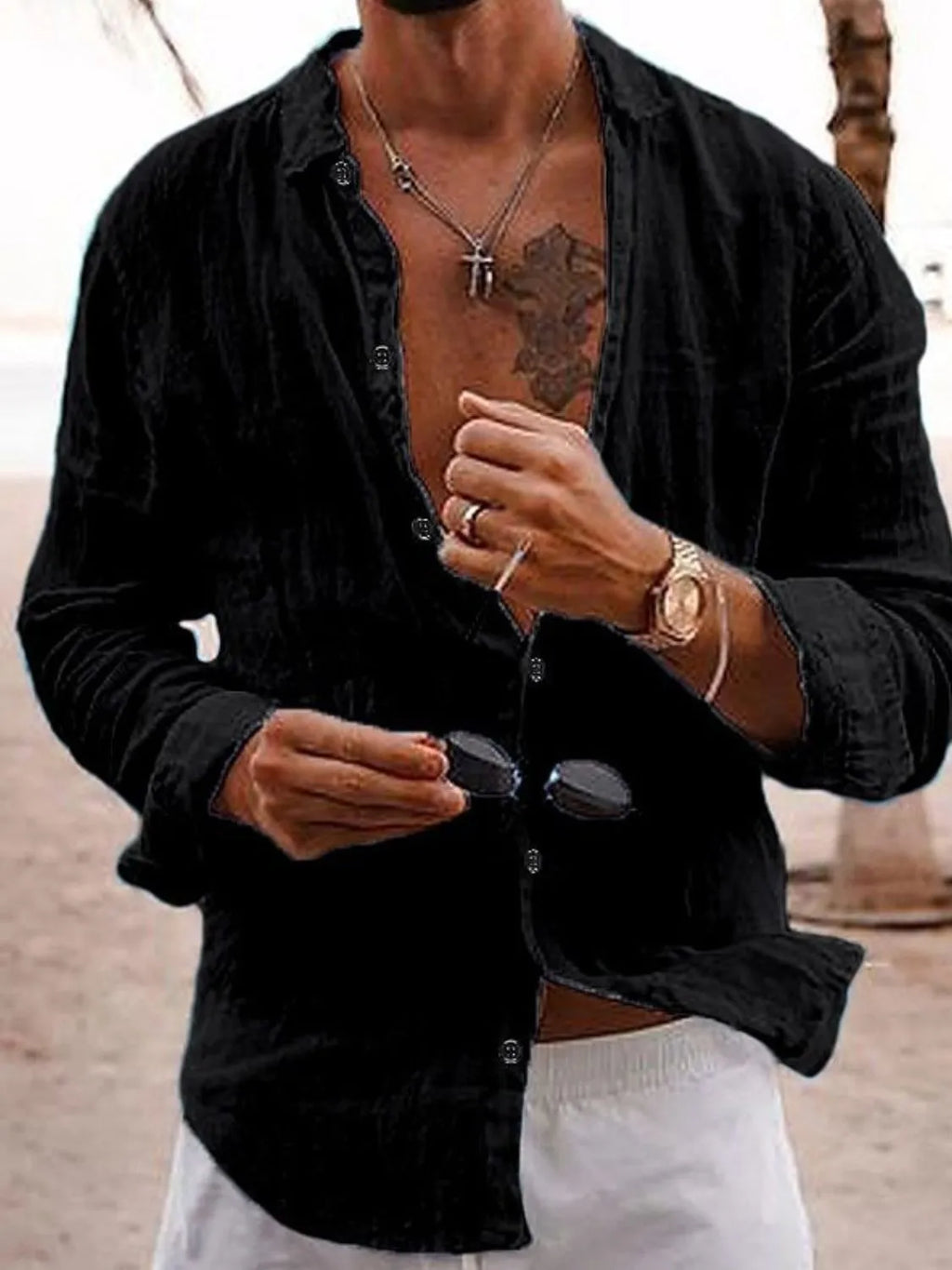 Men's full size button-up long sleeve shirt by Trendsi, made of 100% cotton, shown in a natural fold with collar and cuffs visible.