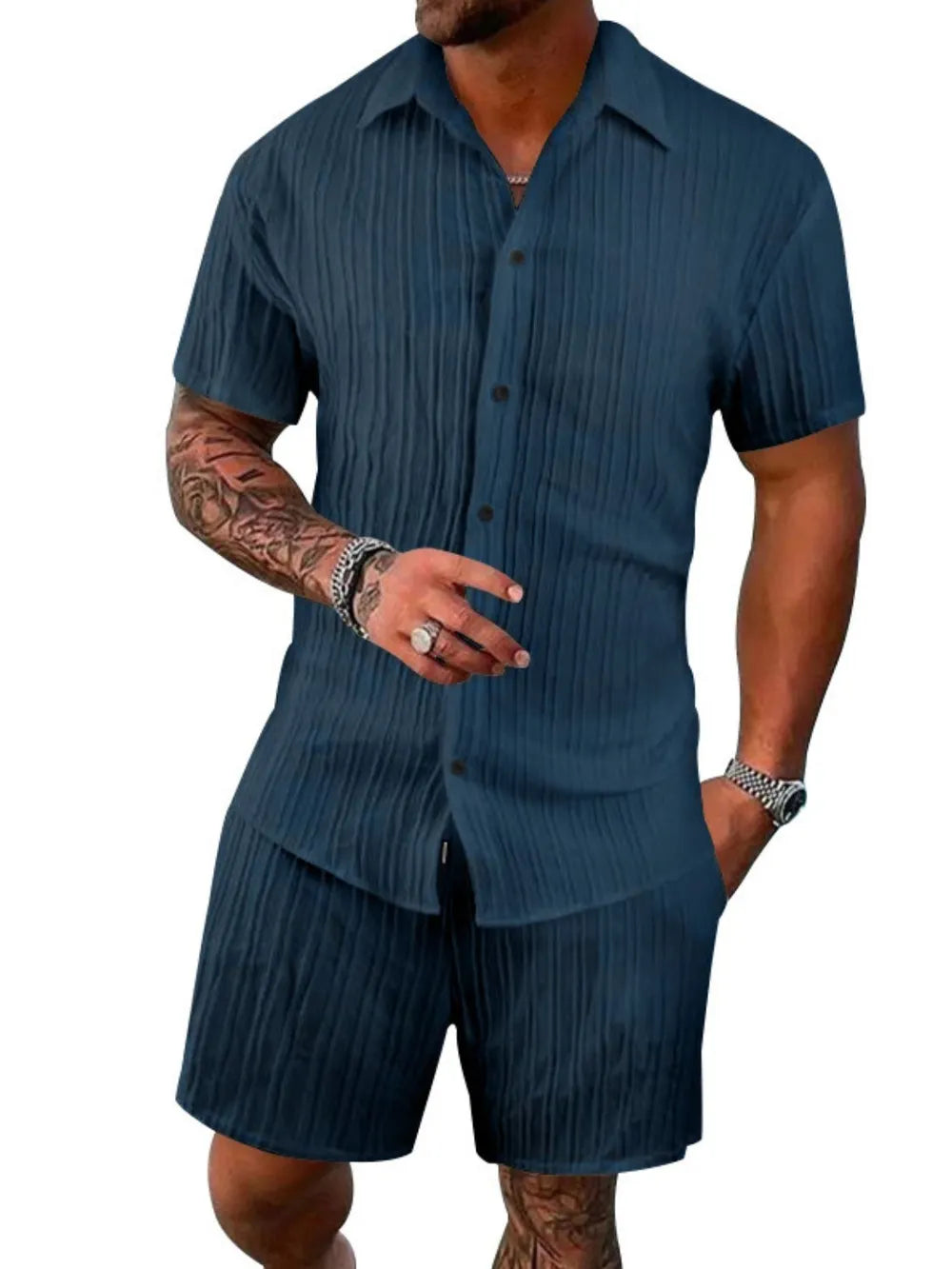 Trendsi AriaStyle men's full-size button-down short sleeve shirt and matching shorts set, casual summer clothing, front view.