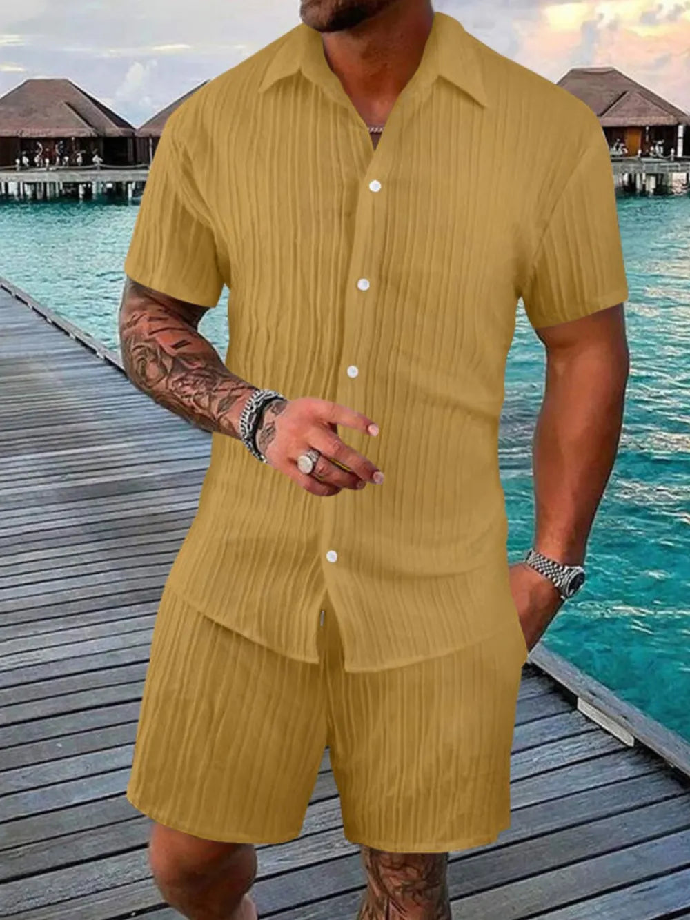 Trendsi AriaStyle men's short sleeve button-down shirt and matching shorts set, casual summer clothing ensemble.