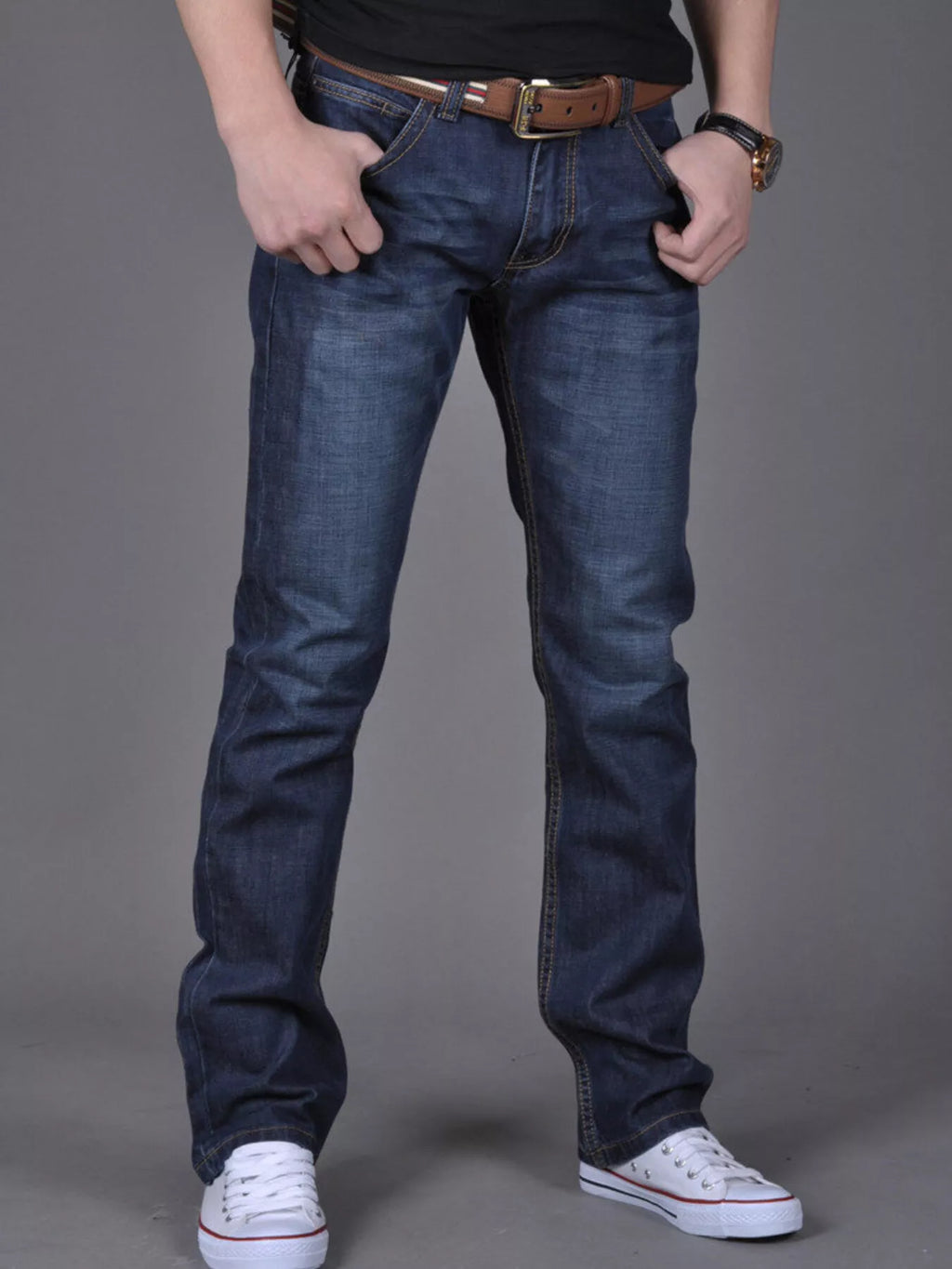 Nobilityze Men's Slim Fit Jeans from Trendsi, showing front view with classic five-pocket design and dark denim fabric.