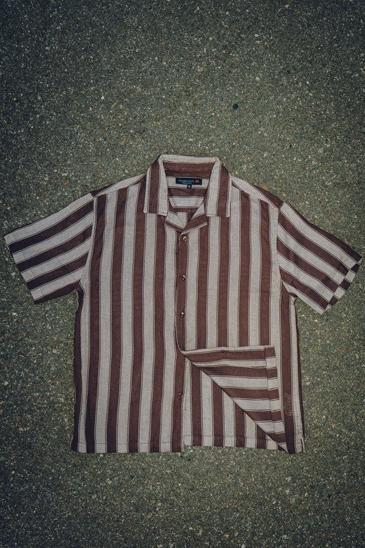Men's textured striped shirt by Generation XYZ, showing close-up of fabric with blue and white horizontal stripes.