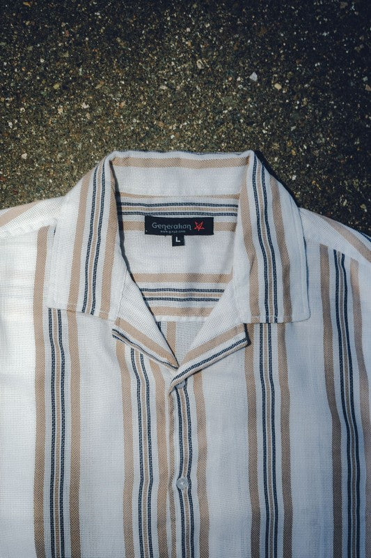 Men's textured striped shirt by Generation XYZ, showing close-up of fabric with alternating horizontal stripes and detailed texture.