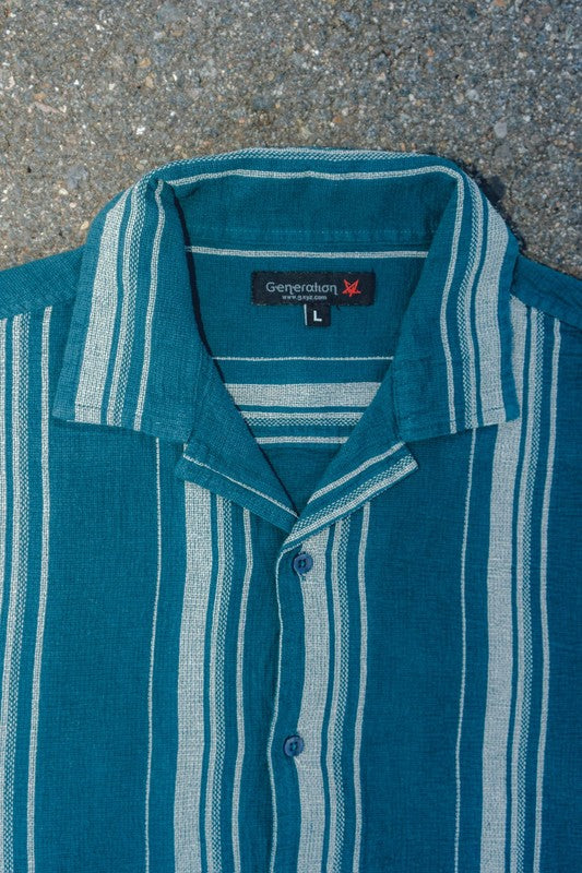 Men's textured striped shirt by Generation XYZ, close-up of fabric showing blue and white stripes and detailed collar.