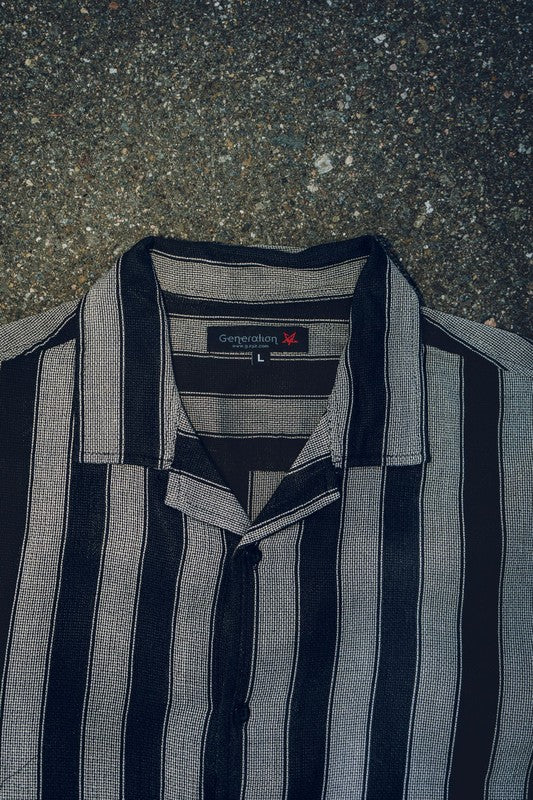 Men's textured striped shirt by Generation XYZ, showing close-up of fabric with blue and white stripes and detailed collar.
