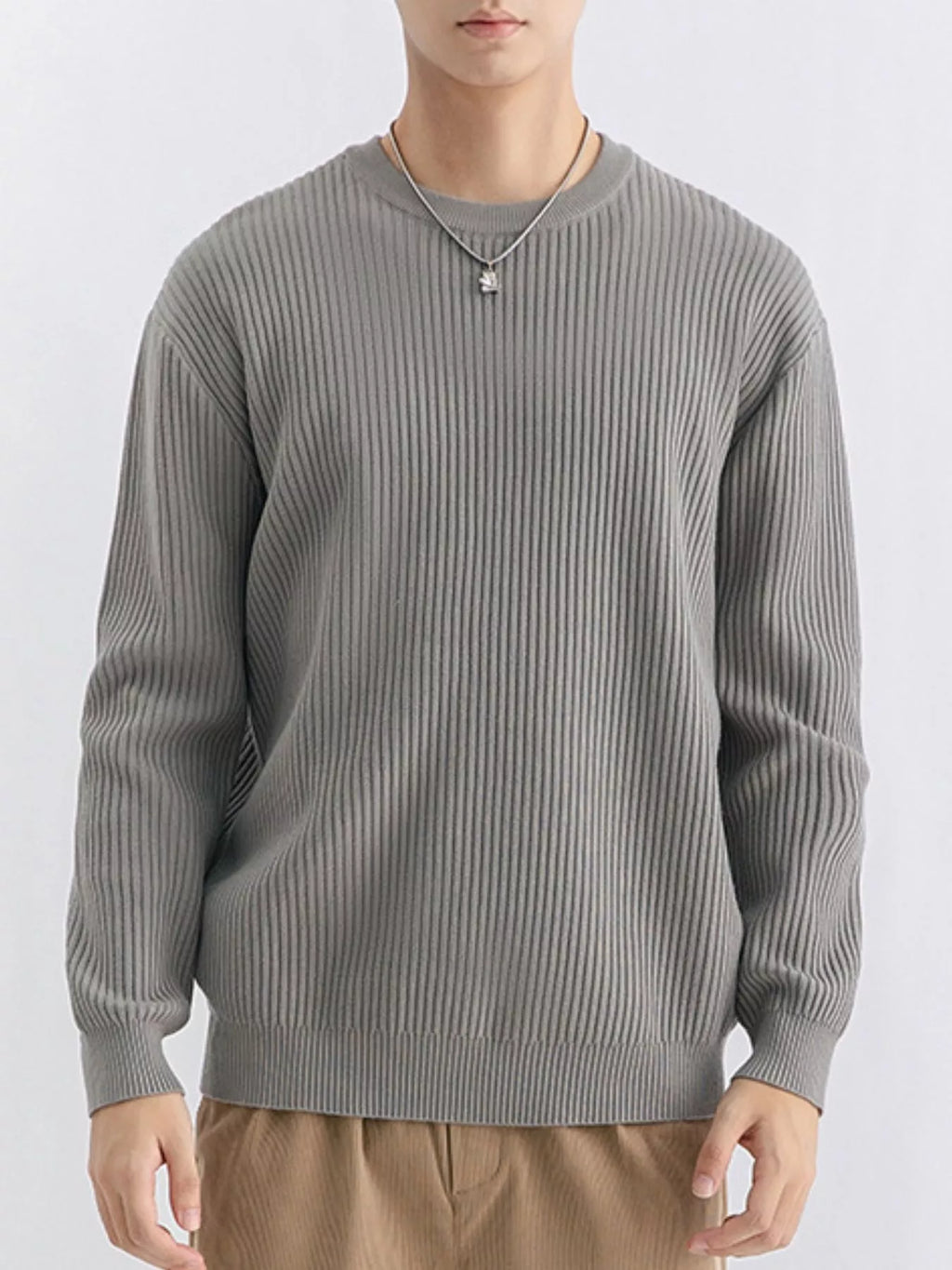 Plus size ValiantMan men's ribbed knit crew neck sweater in a cozy, textured fabric, perfect for casual wear.
