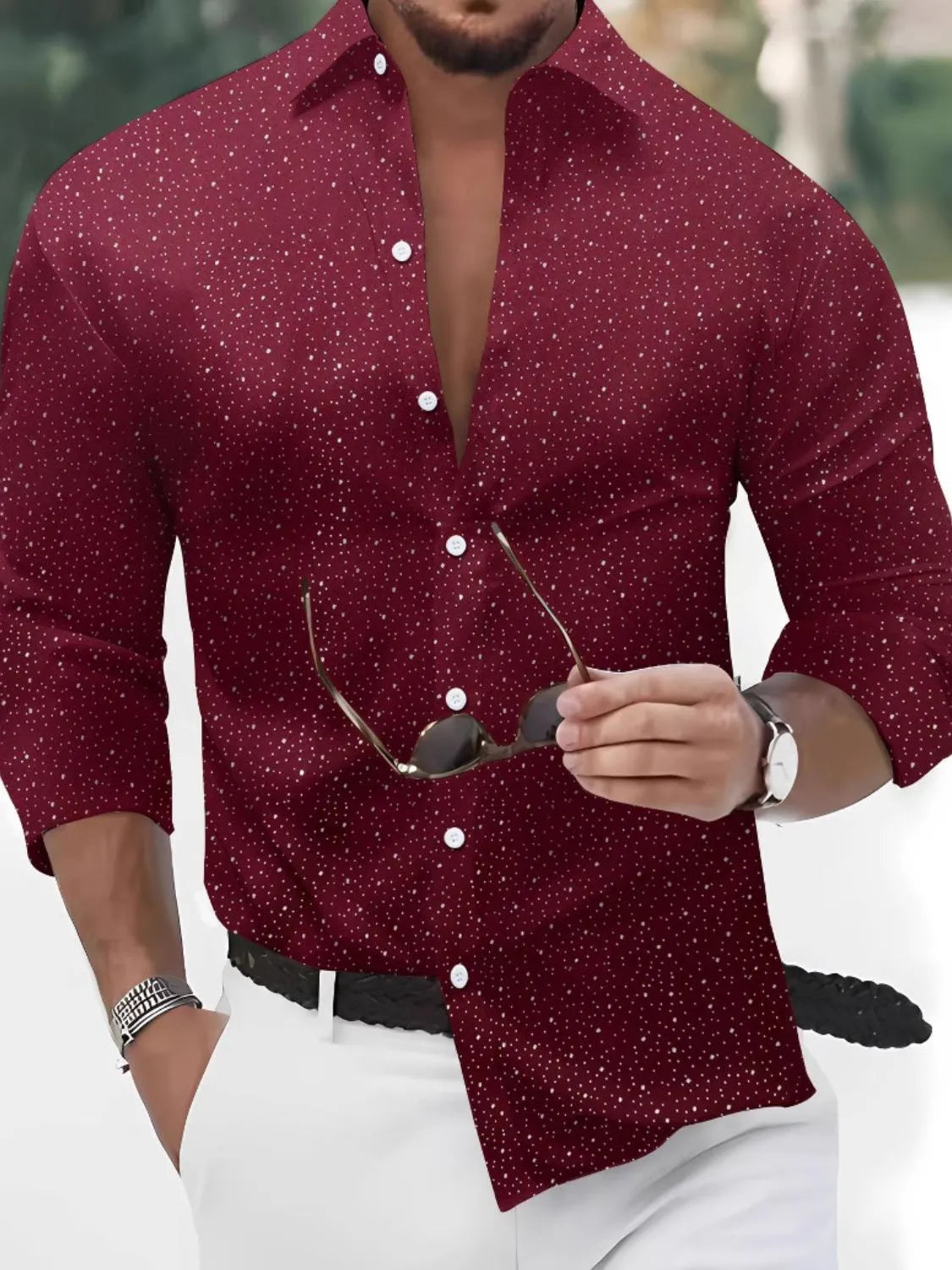 Plus size men's button-up long sleeve shirt by Trendsi, showing a full view of the stylish, fitted design on a model.