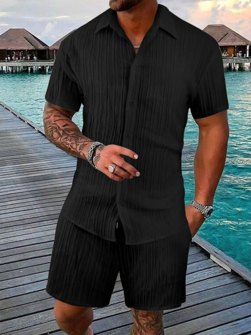 Trendsi AriaStyle men's full size short sleeve button-down shirt and matching shorts set, casual summer outfit, front view.