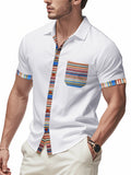 Men's short sleeve shirt by Trendsi featuring colorful trim and a casual fit, displayed on a hanger.