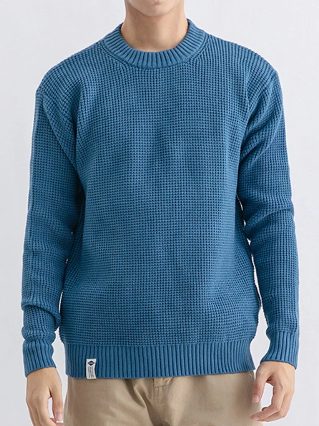Plus size men's waffle knit crew neck sweater by ValiantMan, shown in a cozy, textured fabric with a classic fit.