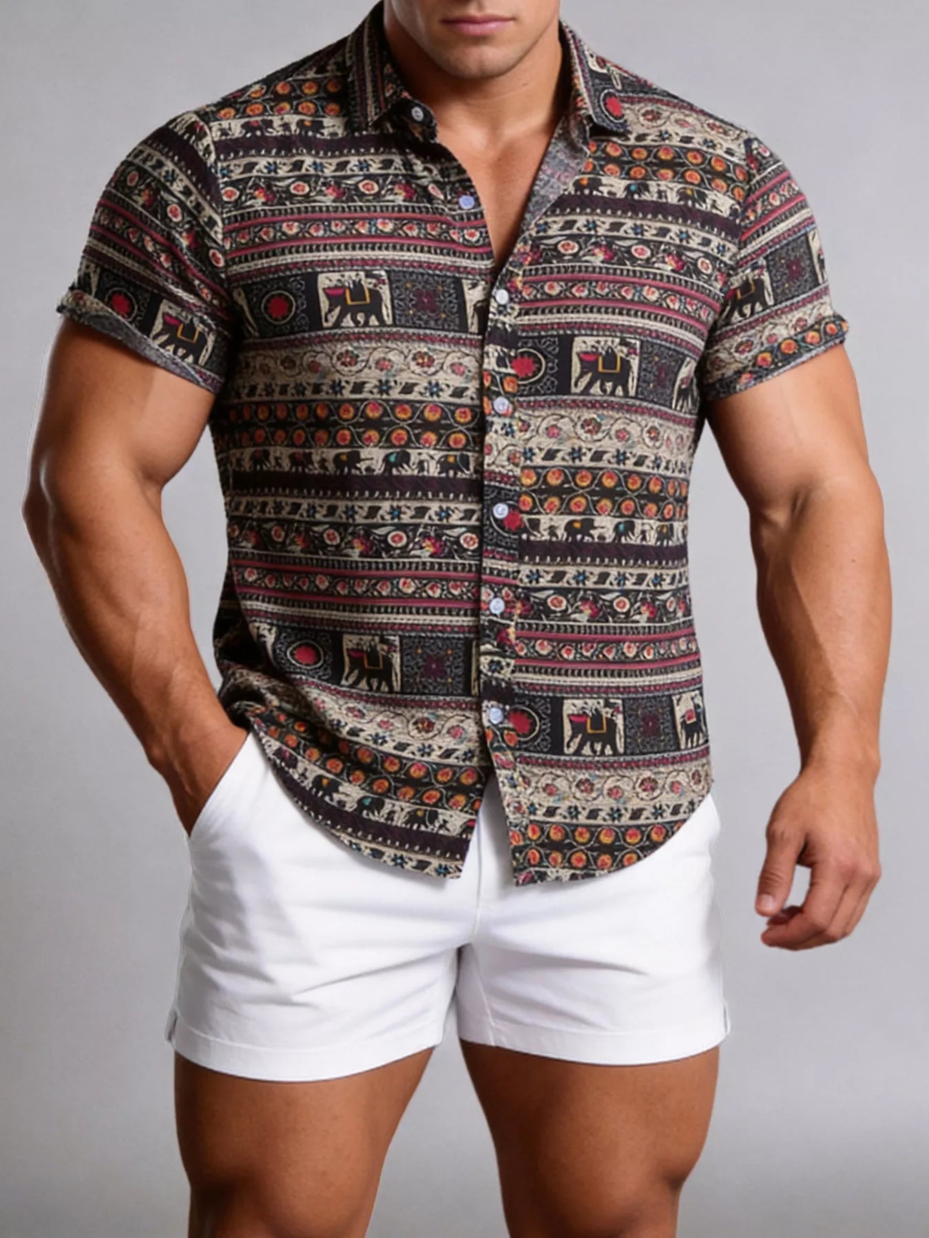 Men's casual short sleeve shirt by Trendsi featuring a relaxed fit and classic collar, shown in a neutral color.