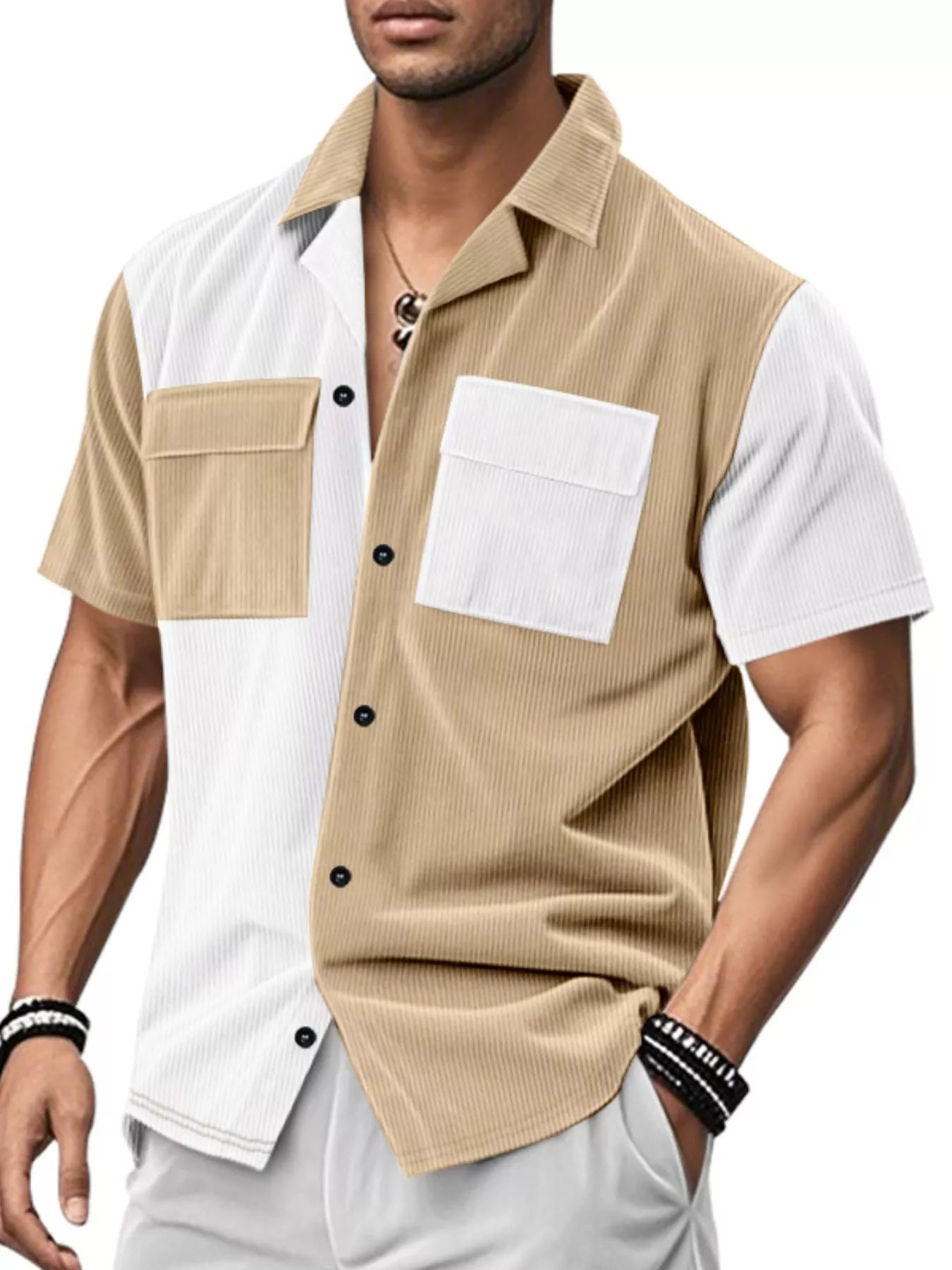 Color block corduroy short sleeve shirt for men from RIGOR by Trendsi, featuring a stylish, casual design with vibrant color accents.