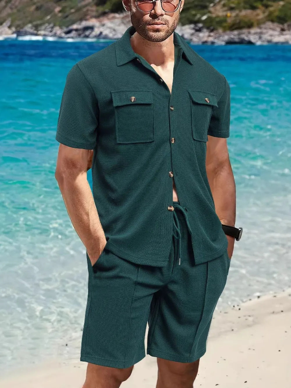 Trendsi AriaStyle men's full size short sleeve button-down top and matching shorts set, casual summer outfit, front view.