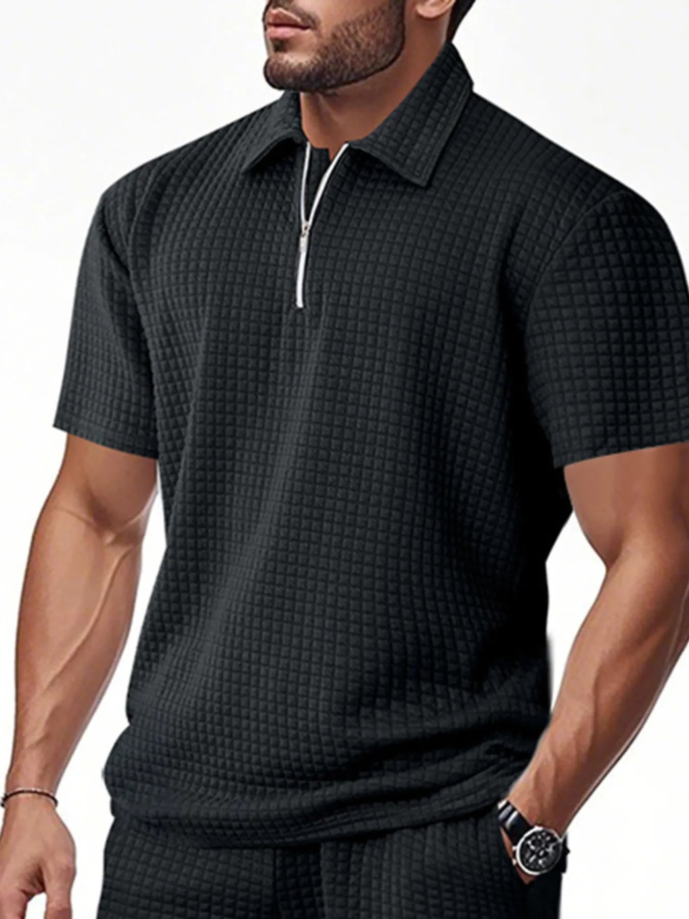 Men's waffle short sleeve polo shirt by Trendsi featuring zipper detail and classic fit, shown in a stylish men's fashion image.