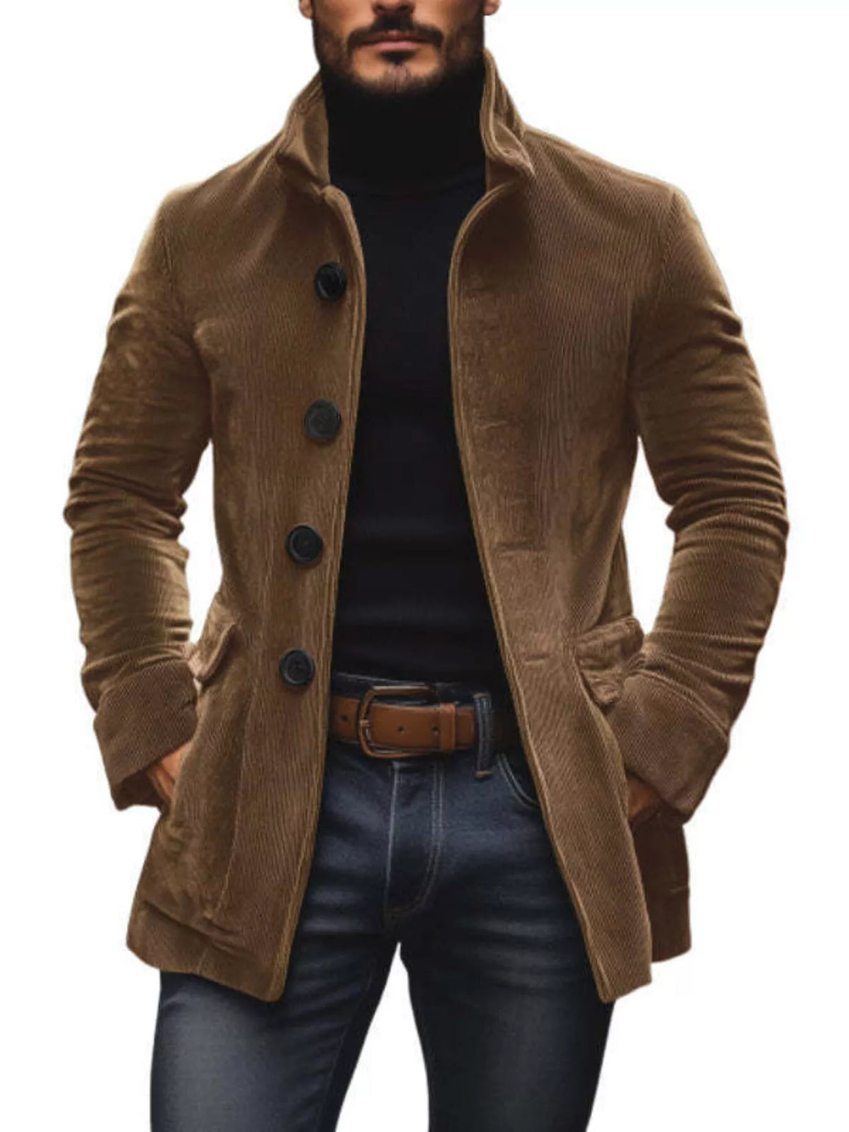 Men's vintage full-size single-breasted stand collar coat by Trendsi, shown in a classic style with structured lapels and timeless design.