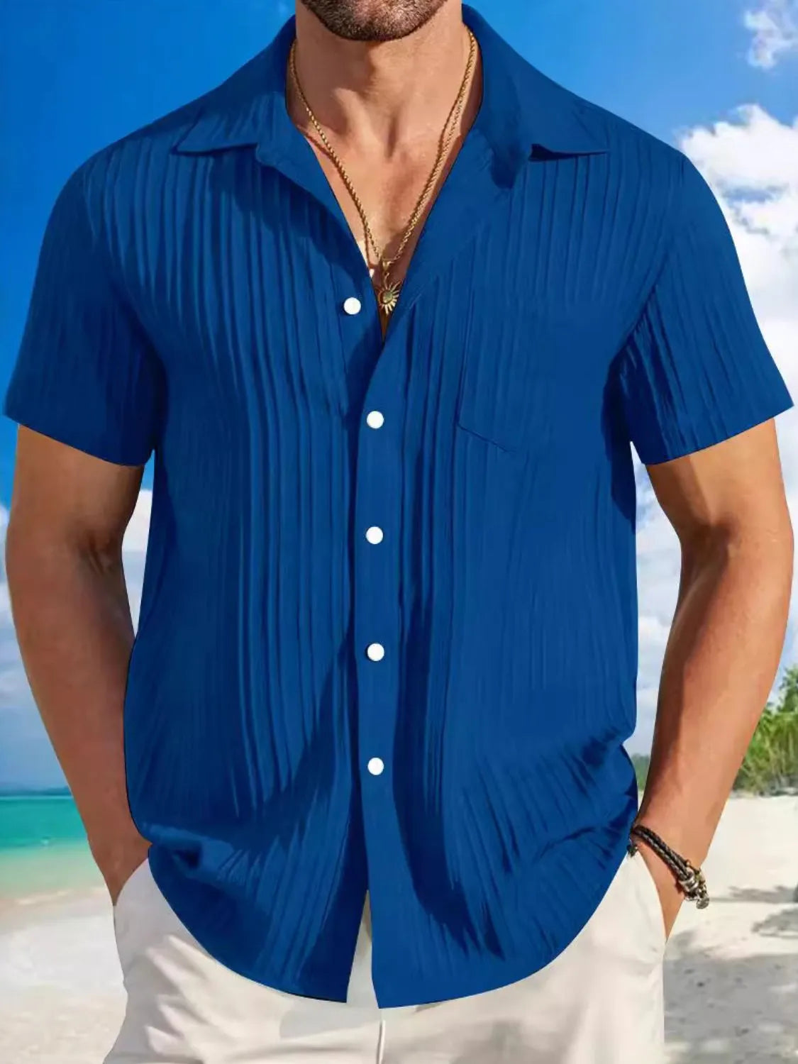 Men's casual short sleeve button-down shirt by MasteryMan, featuring a classic design in a versatile style.