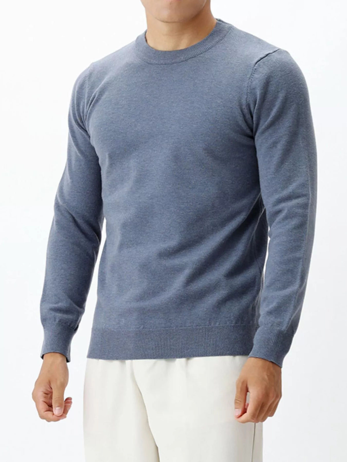 Plus size men's crew neck sweater from Trendsi, classic fit, soft knit fabric, in navy blue, displayed on a hanger.