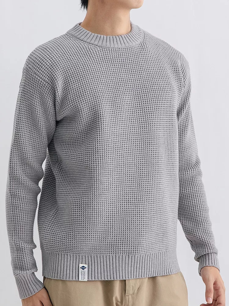 Plus size men's waffle knit crew neck sweater by Trendsi, showing a cozy, textured knit fabric in a relaxed fit