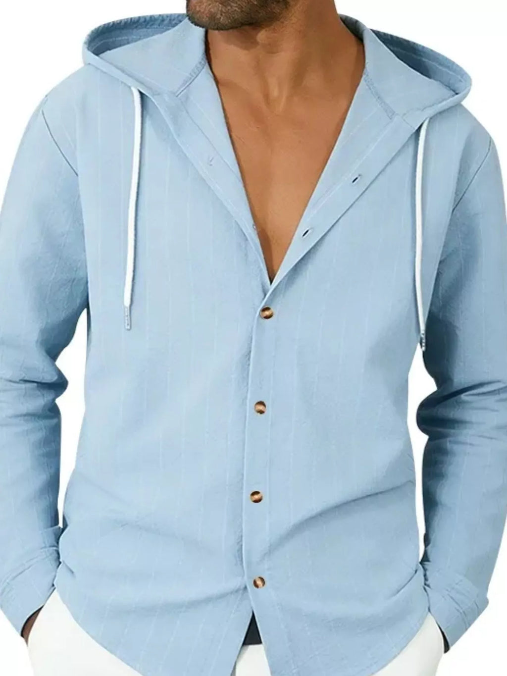 Plus size men's hooded button-up shirt by Trendsi, featuring a drawstring hood and long sleeves, in a casual shirt style.