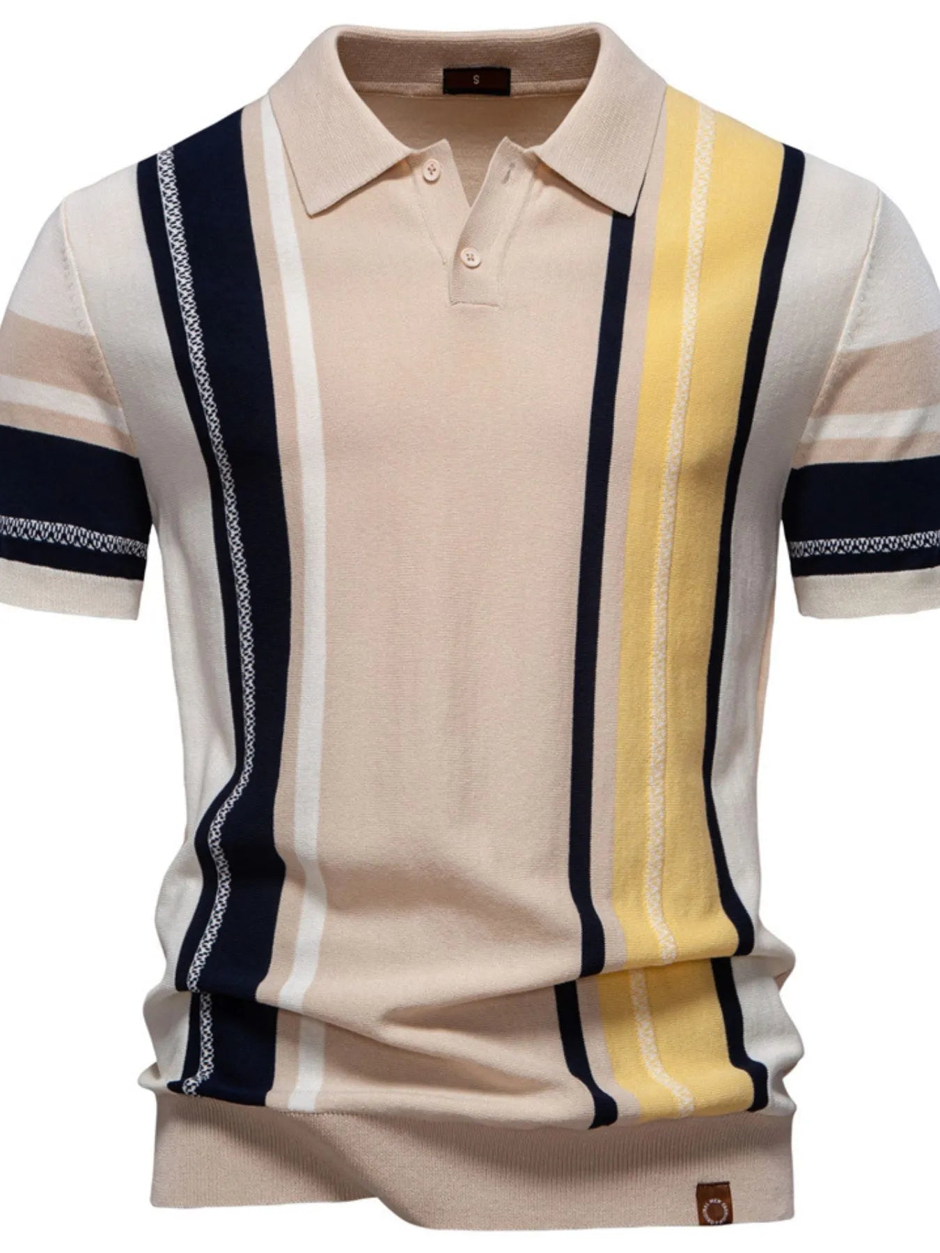 Men's contrast striped knit polo shirt from Trendsi, featuring a classic polo collar and bold horizontal stripe pattern.