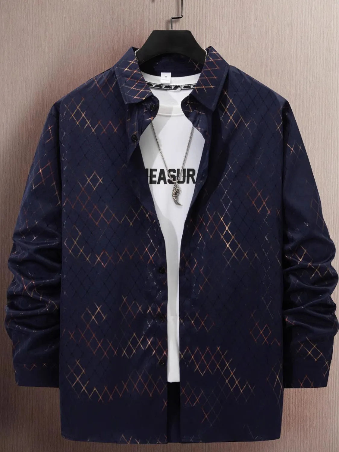 Plus size men's button-up long sleeve shirt by Trendsi, featuring a full-length sleeve design and classic collar style.