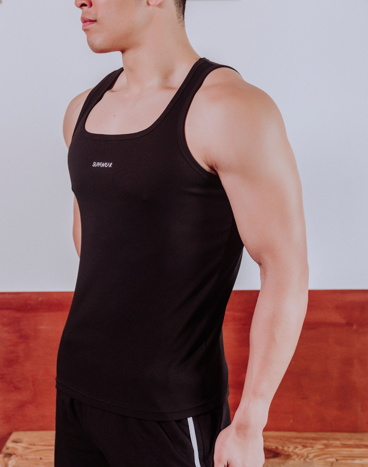 CITYBOYZ★USA Supawear semi-squared tank top, black sleeveless shirt with squared neckline, casual men's athletic wear.