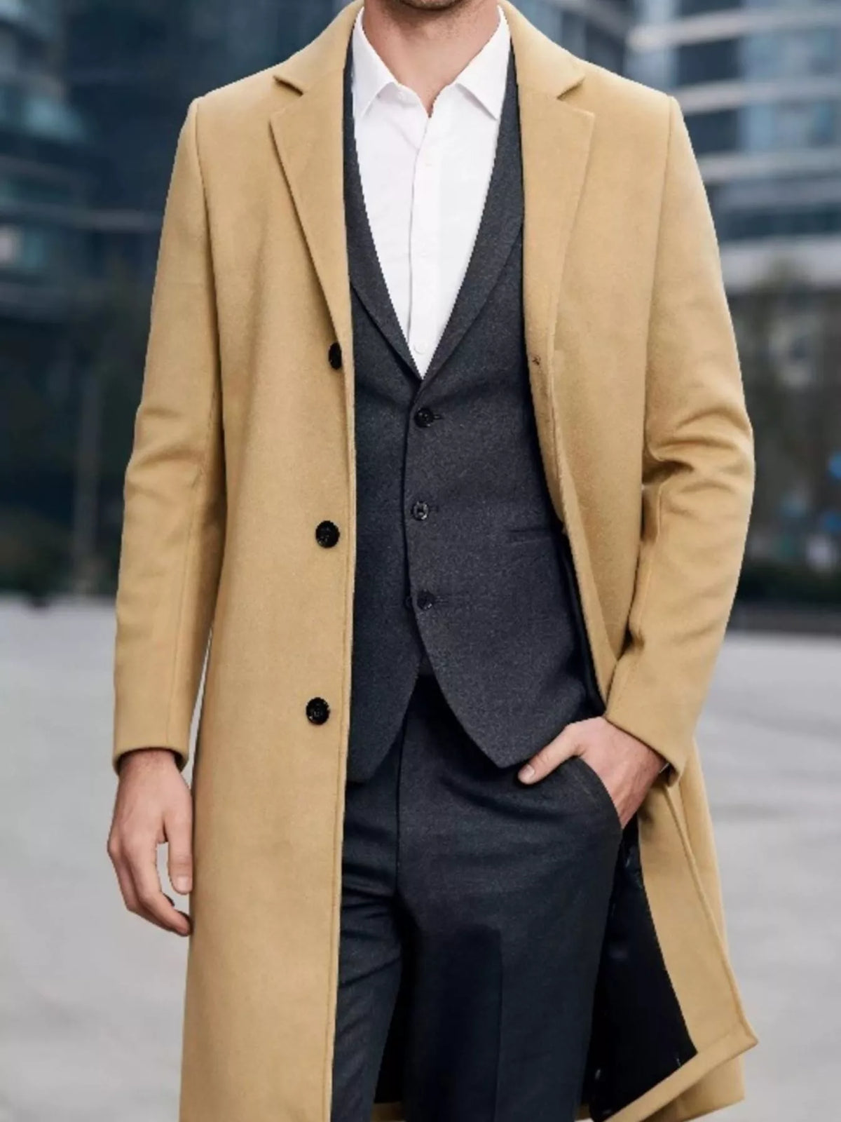 Nobilityze men's full-size slim-fit overcoat with lapel collar, stylish men's outerwear in black, front view showing tailored design.