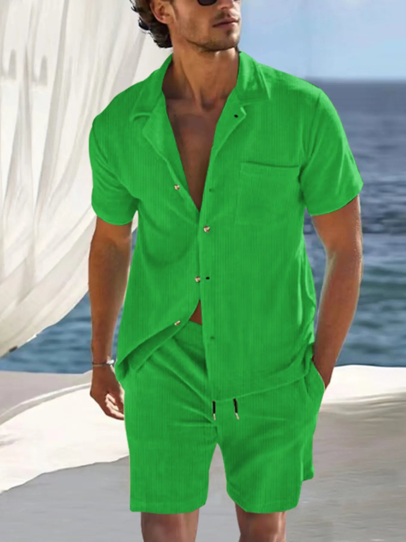 Trendsi DapperMate men's casual short sleeve polo shirt and matching shorts set, lightweight and comfortable for everyday wear.