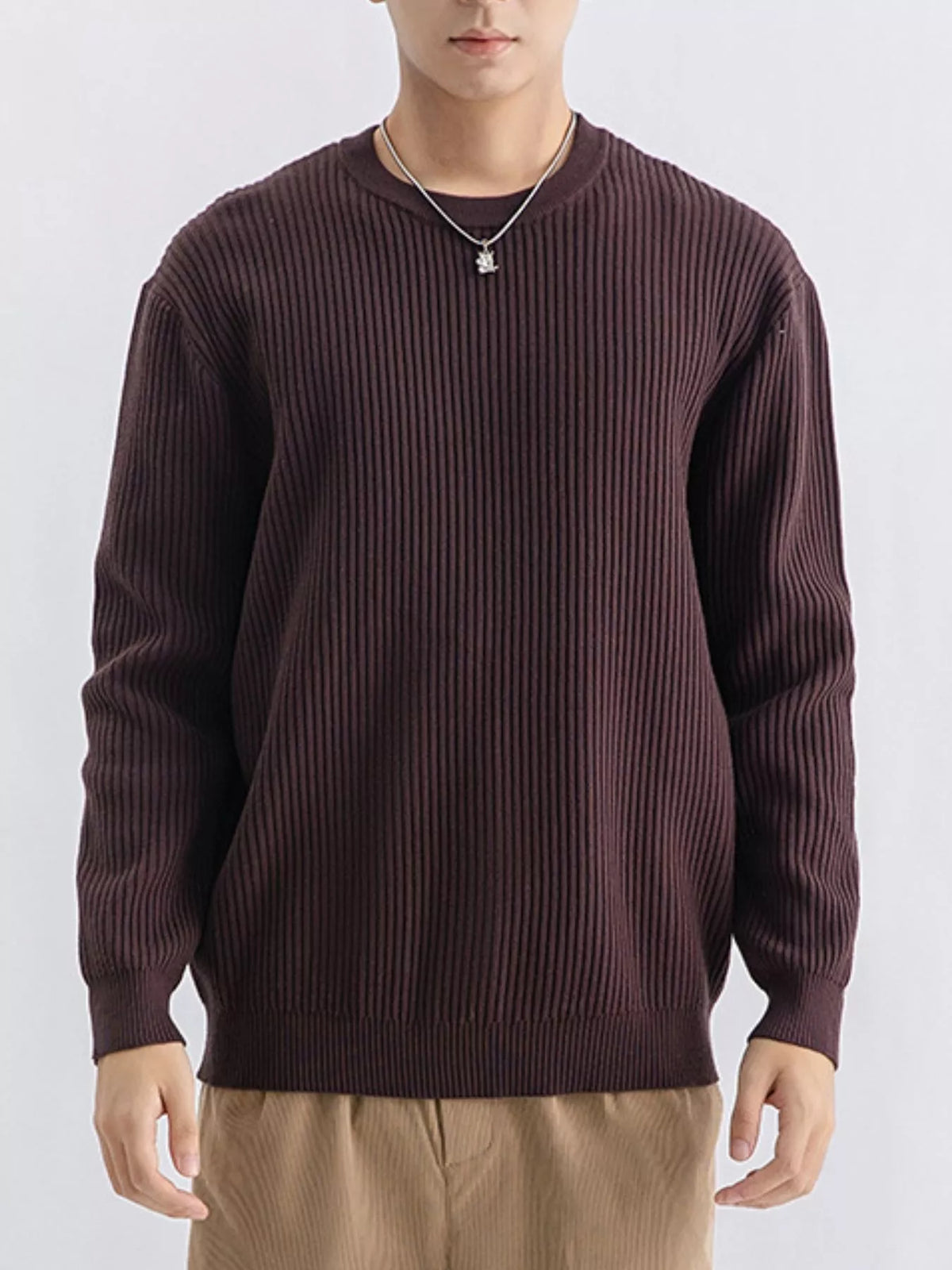 Plus size men's ribbed knit crew neck sweater from ValiantMan by Trendsi, showing the navy blue textured sweater on a model.