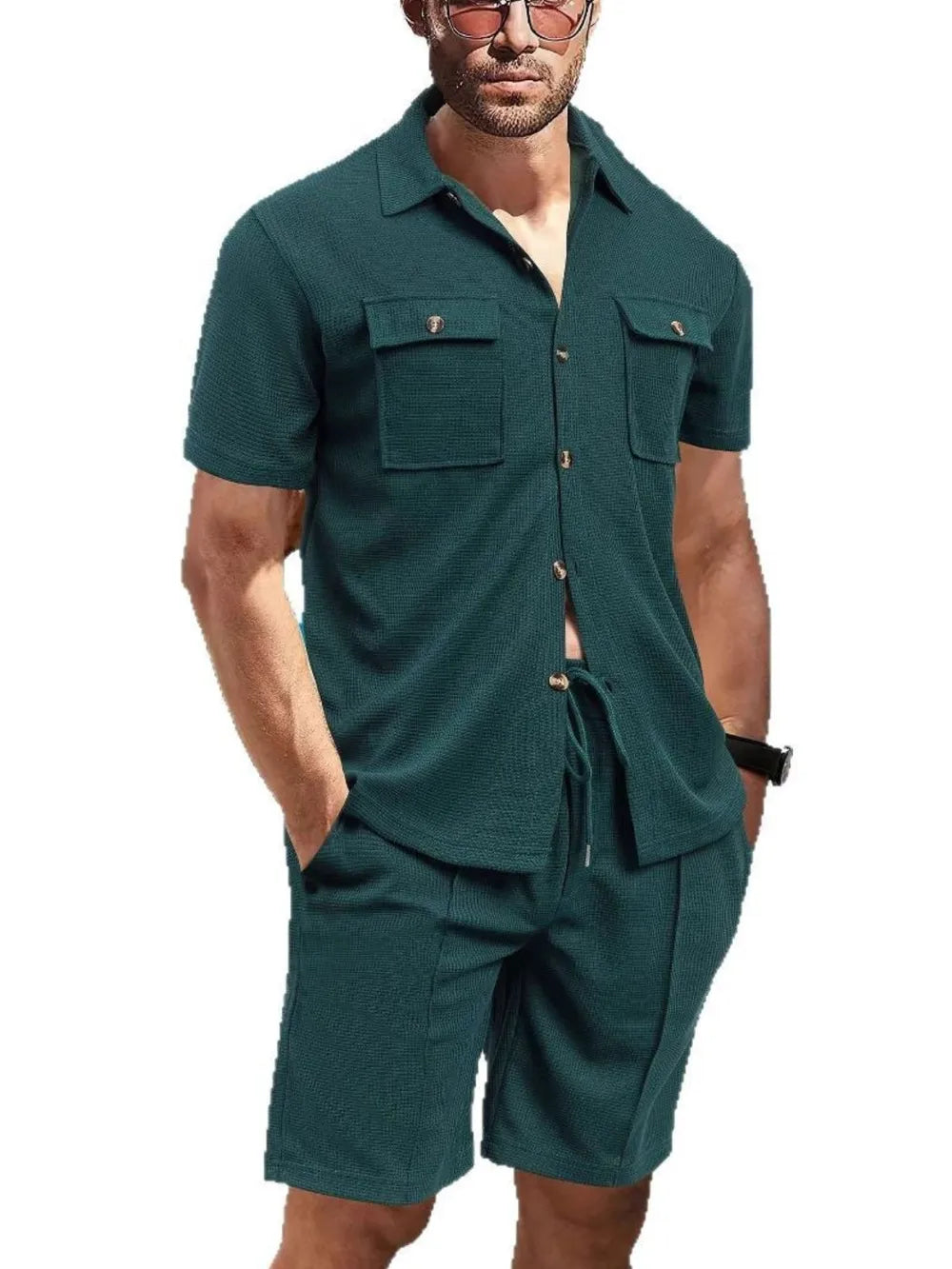 AriaStyle men's short sleeve button-down top and matching shorts set by Trendsi, featuring a casual, stylish summer outfit.