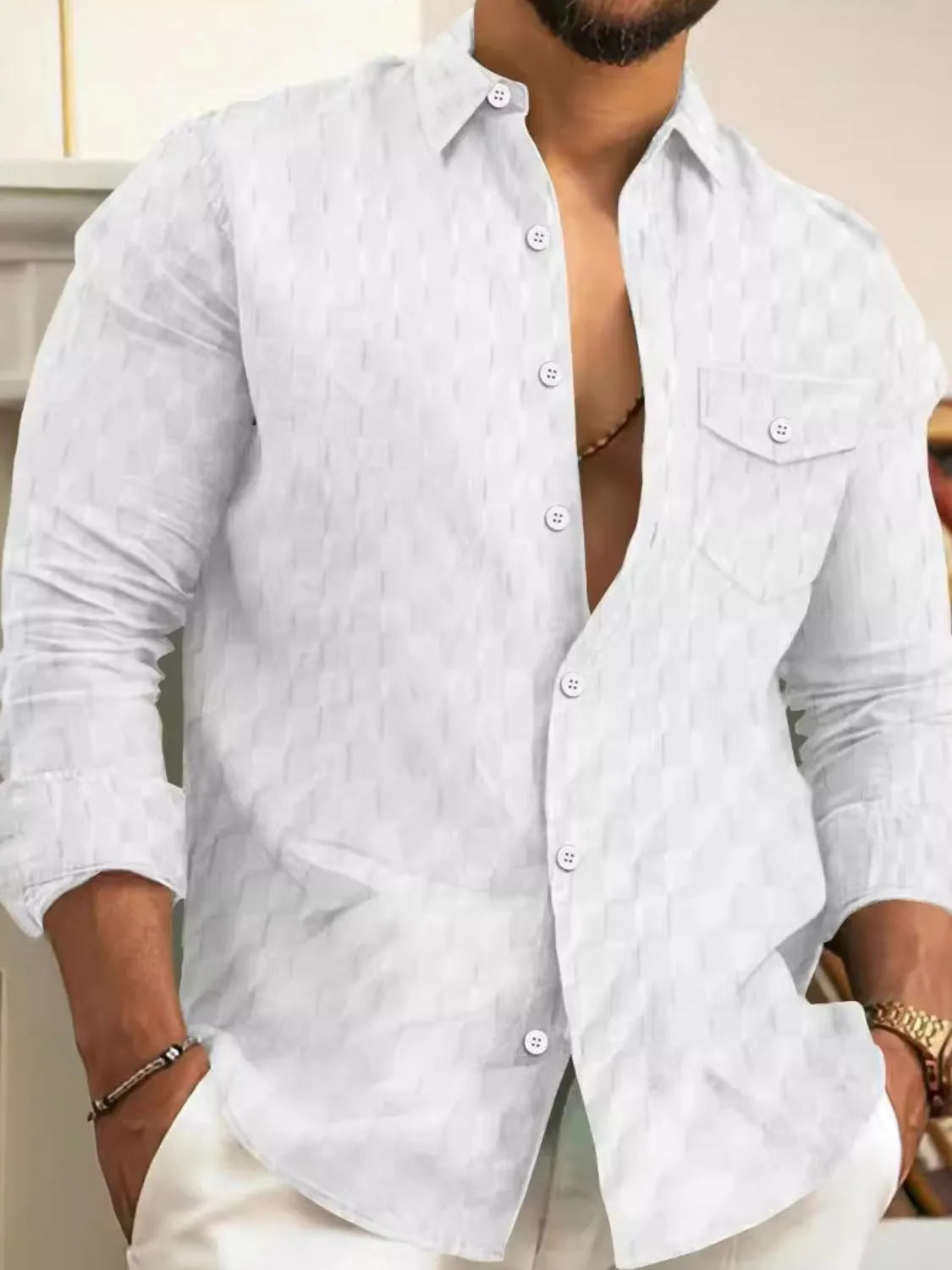 Men's full size button-up long sleeve shirt by Trendsi, featuring a classic design and tailored fit, shown in the product image.
